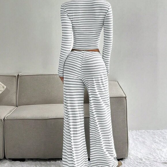 Casual Women's Striped Long Sleeve Top & Front Tie Pants Set lounge comfy - Picture 2 of 6